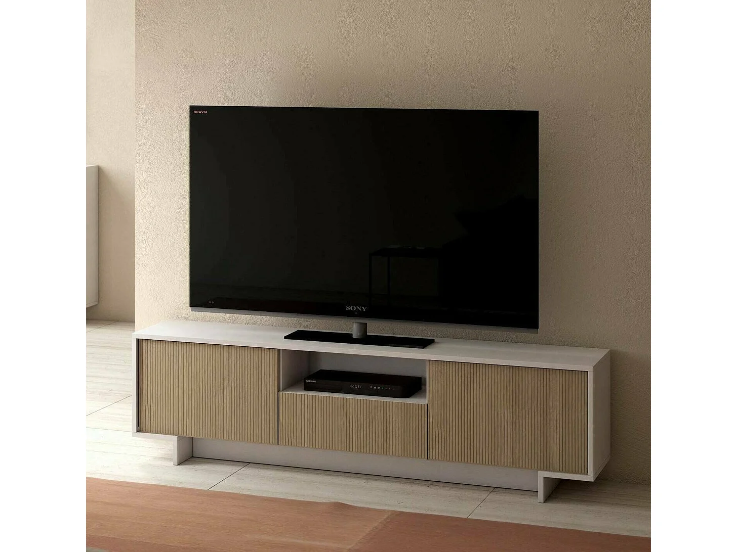Meuble TV Andromeda, Meuble TV pour salon, Buffet bas de salon avec 2 portes et 1 tiroir, 100% Made in Italy, 170x42h48 cm, Blanc et Beige