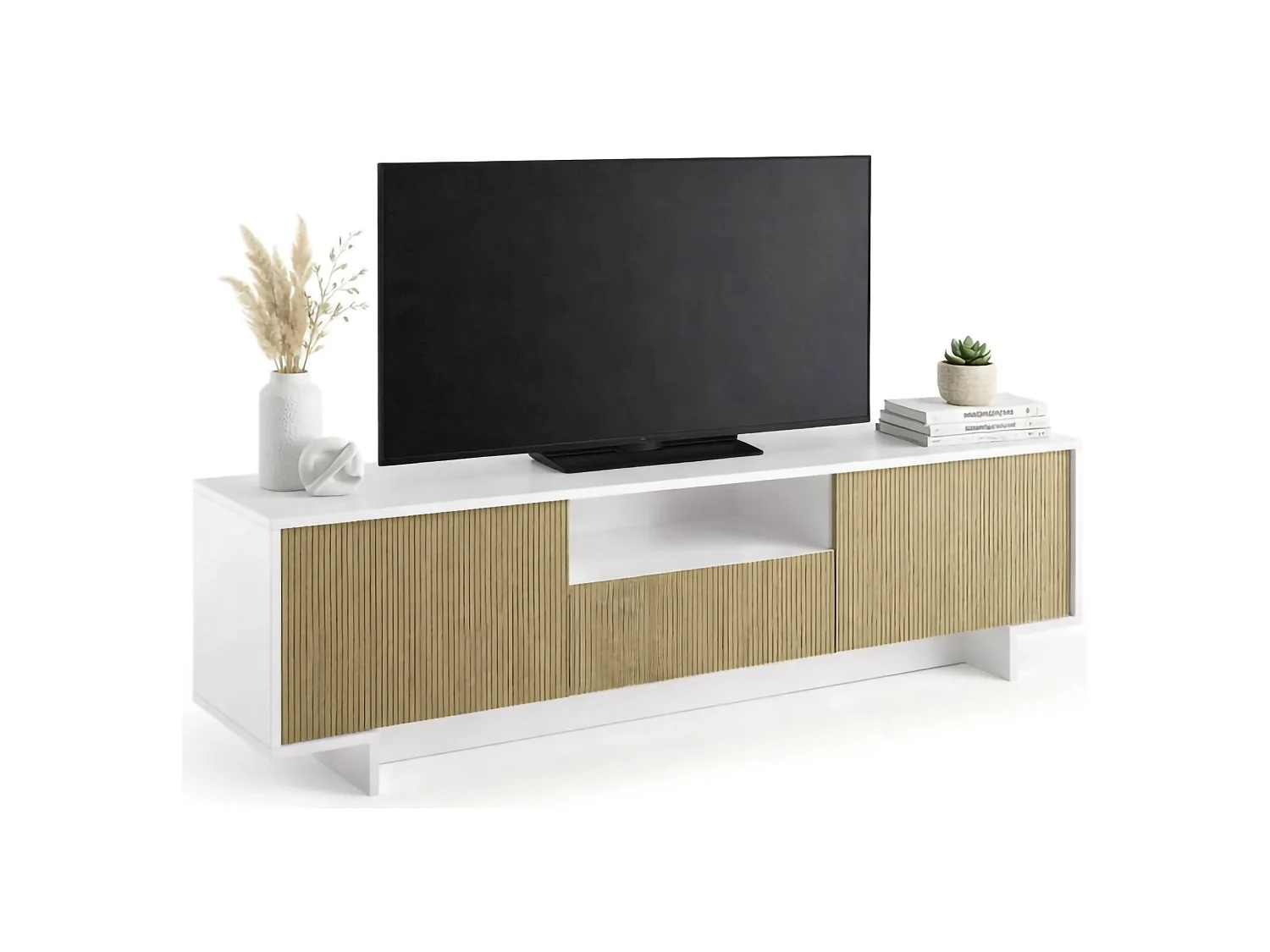 Suporte para TV Darrighin, Suporte para TV para ala de etar, Aparador baixo para ala de etar com 2 porta e 1 gaveta, 100% Made in Italy, 170x42h48 cm, Branco e Bege