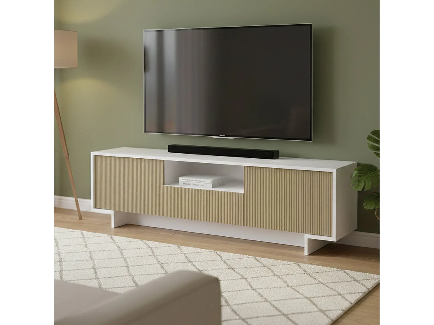 Suporte para TV Darrighin, Suporte para TV para ala de etar, Aparador baixo para ala de etar com 2 porta e 1 gaveta, 100% Made in Italy, 170x42h48 cm, Branco e Bege