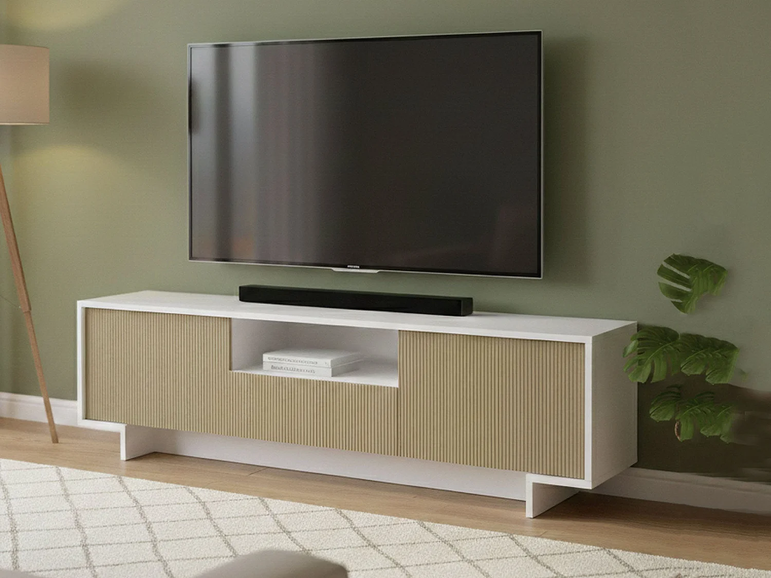 Mueble TV Darrighin, Mueble TV para salón, Aparador bajo de salón con 2 puertas y 1 cajón, 100% Made in Italy, 170x42h48 cm, Blanco y Beige
