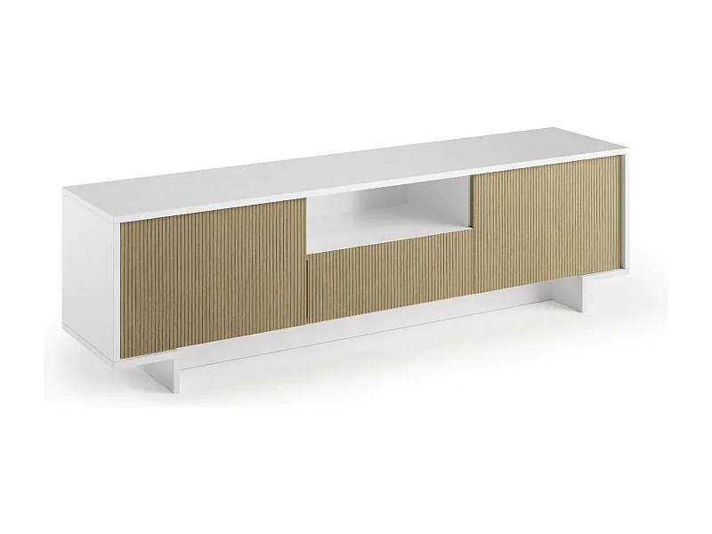 Mueble TV Darrighin, Mueble TV para salón, Aparador bajo de salón con 2 puertas y 1 cajón, 100% Made in Italy, 170x42h48 cm, Blanco y Beige