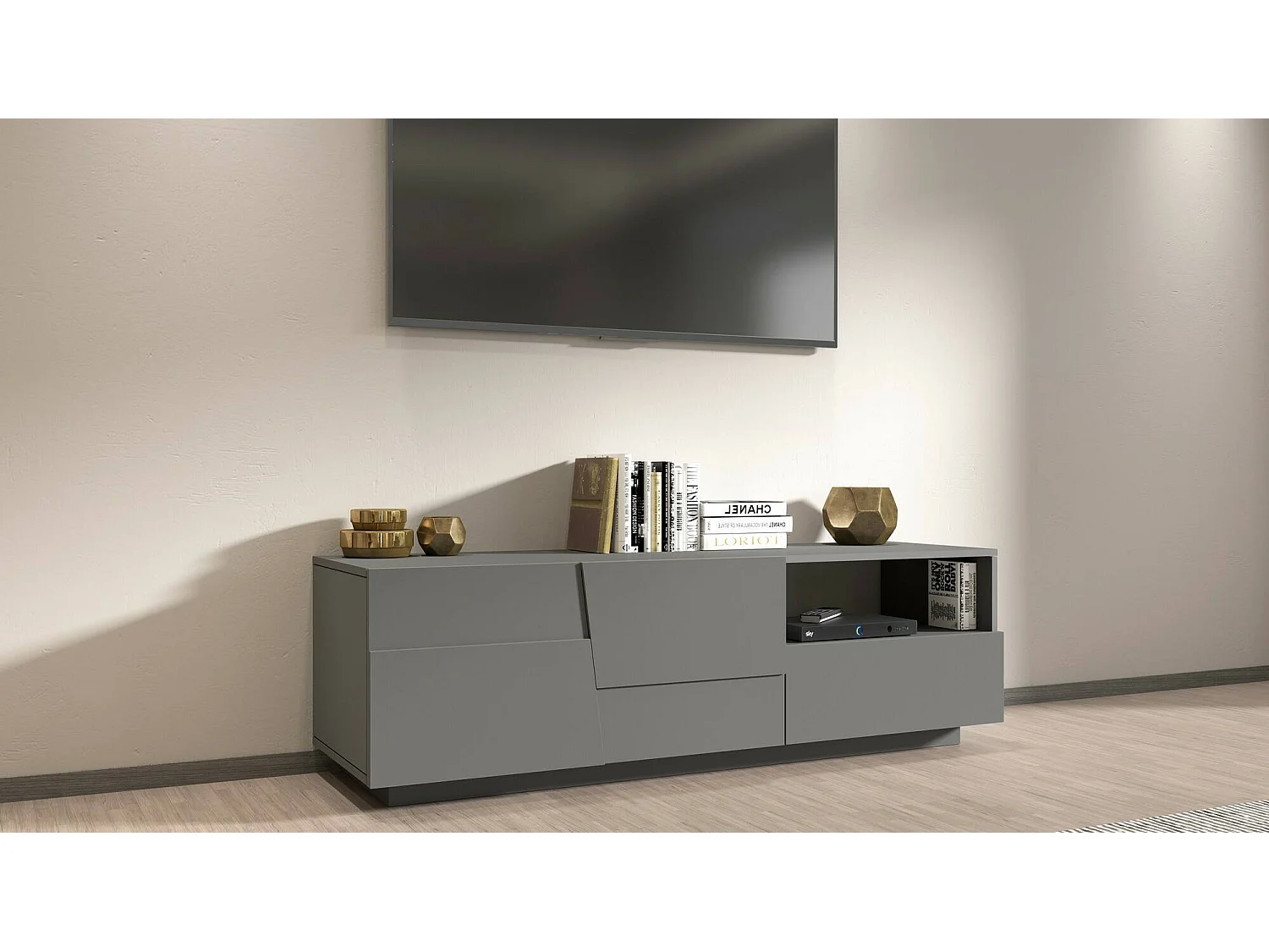 Meuble TV Velio, Buffet bas de salon avec 2 portes et 1 tiroir, Base meuble TV, 150x44h46 cm, Anthracite