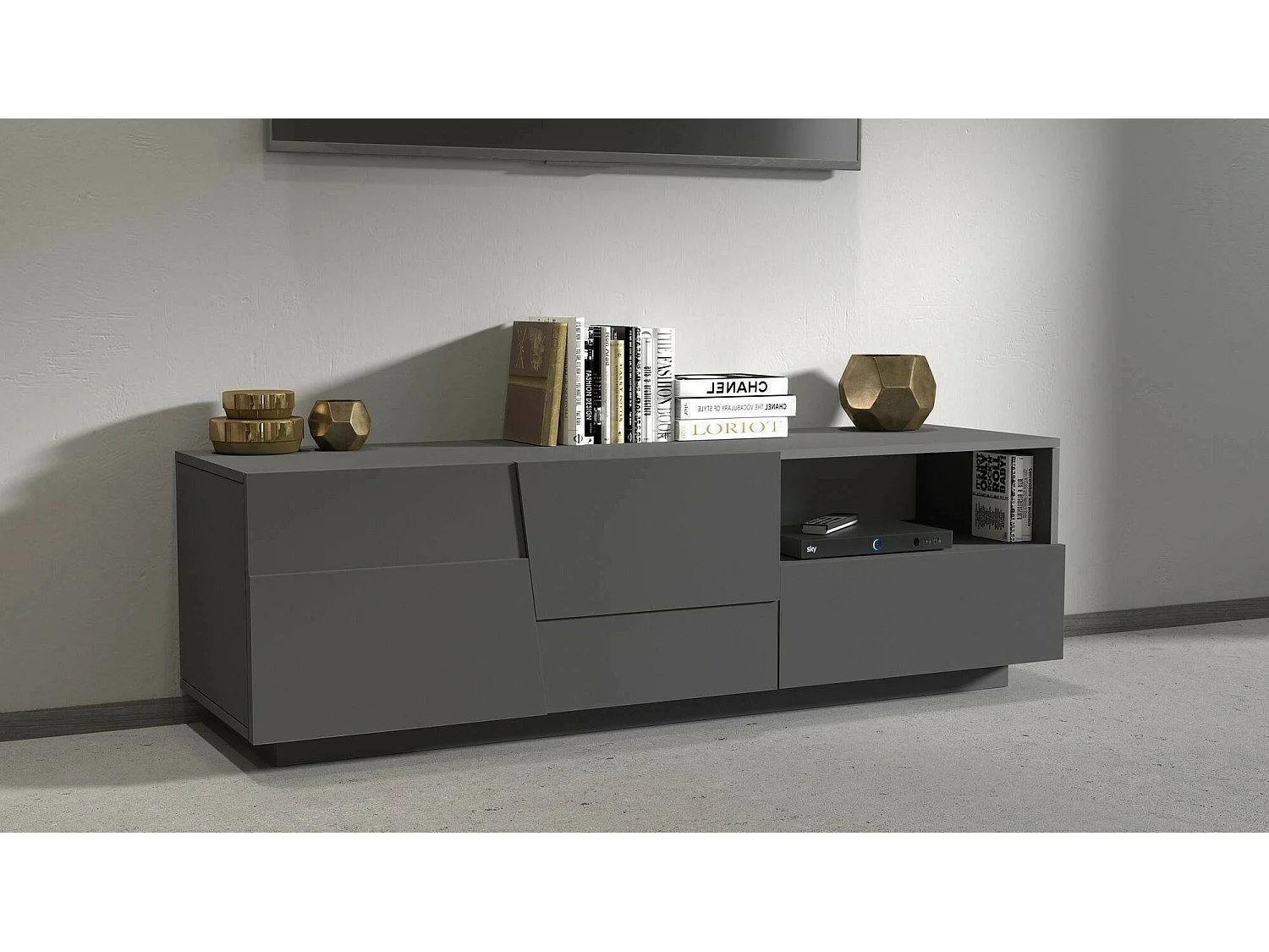 Meuble TV Velio, Buffet bas de salon avec 2 portes et 1 tiroir, Base meuble TV, 150x44h46 cm, Anthracite