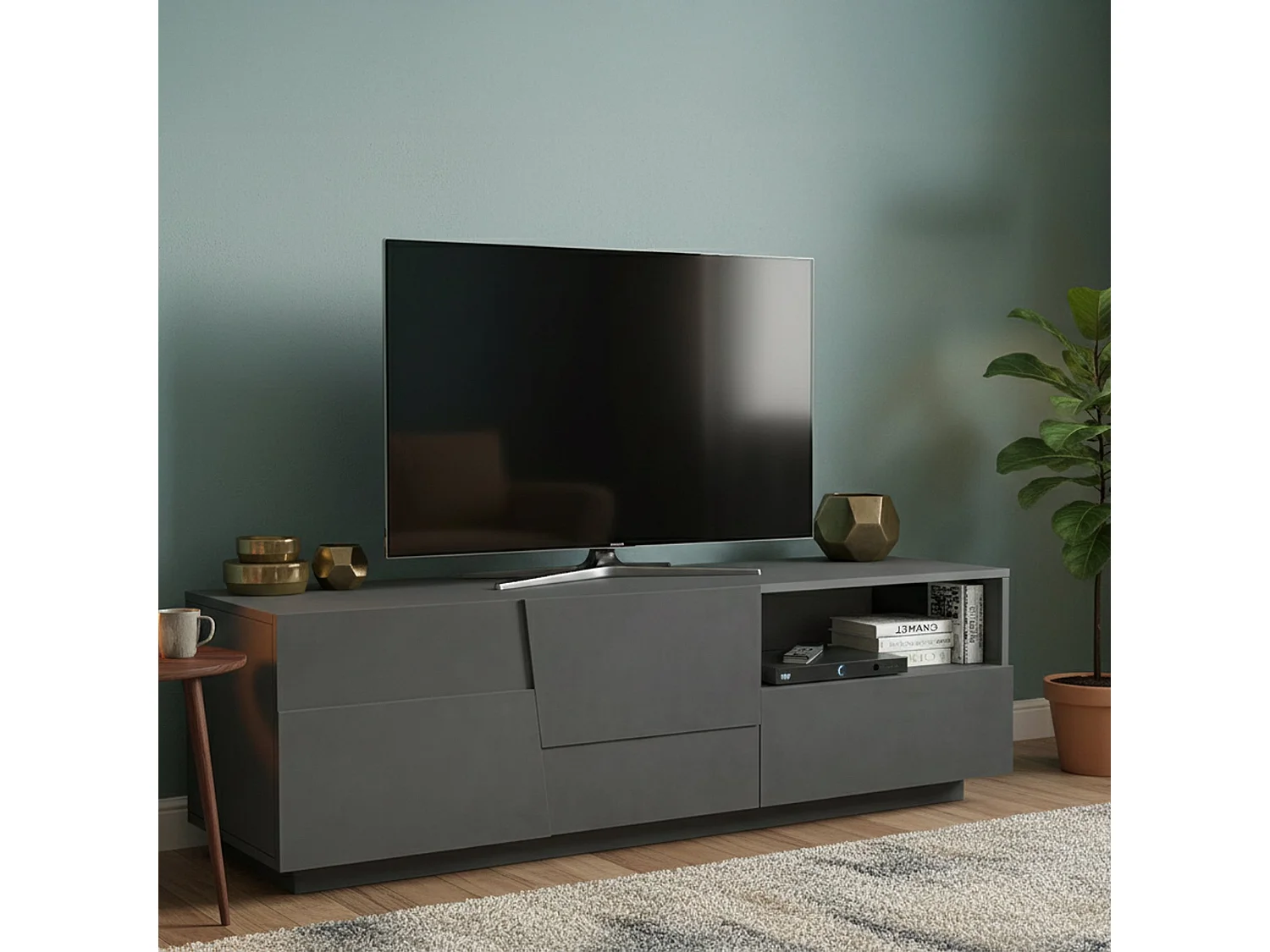 Meuble TV Velio, Buffet bas de salon avec 2 portes et 1 tiroir, Base meuble TV, 150x44h46 cm, Anthracite