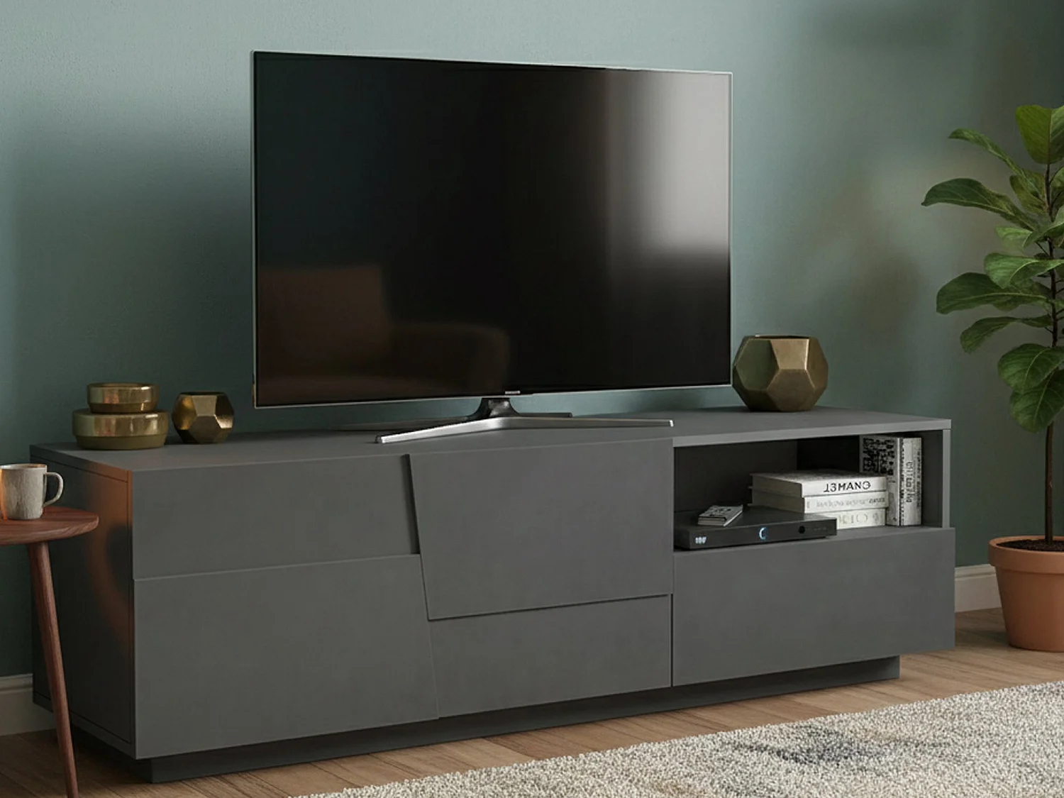 Meuble TV Velio, Buffet bas de salon avec 2 portes et 1 tiroir, Base meuble TV, 150x44h46 cm, Anthracite