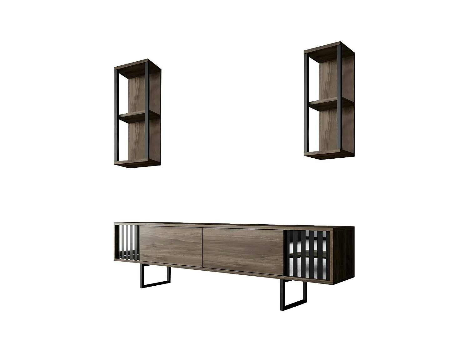 Meuble TV Ananke, Buffet de salon, Armoire basse pour TV, Base murale de rangement, 180x30h48 cm, Noyer et Noir