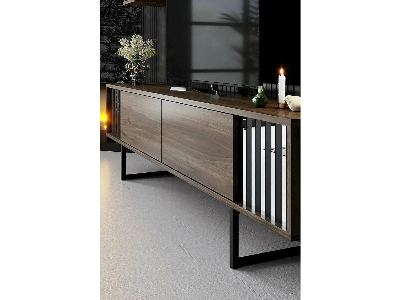Meuble TV Ananke, Buffet de salon, Armoire basse pour TV, Base murale de rangement, 180x30h48 cm, Noyer et Noir