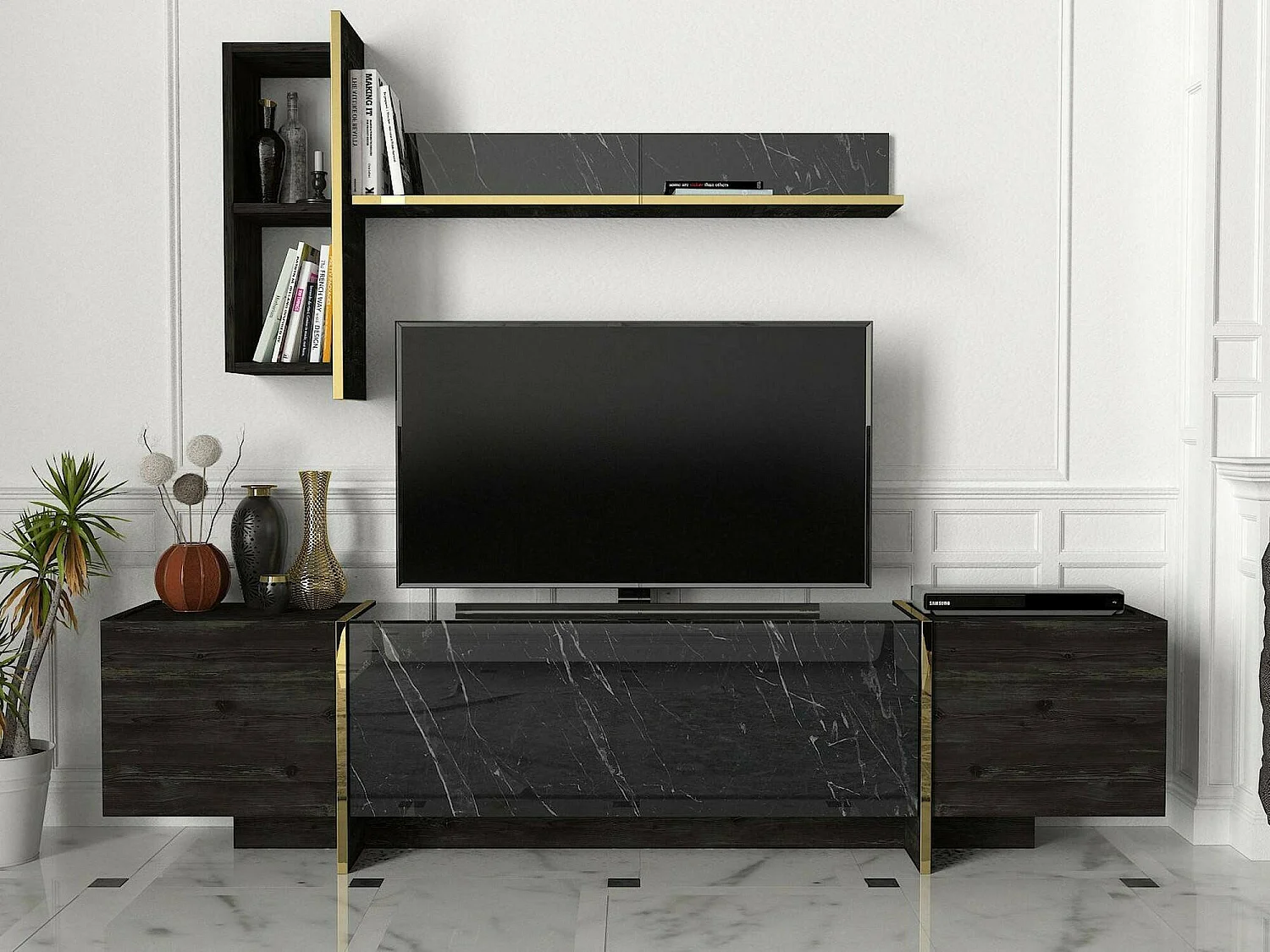 Meuble TV Neptura, Buffet de salon, Armoire basse pour TV, Base murale de rangement, 180x32h45 cm, Noir et Or