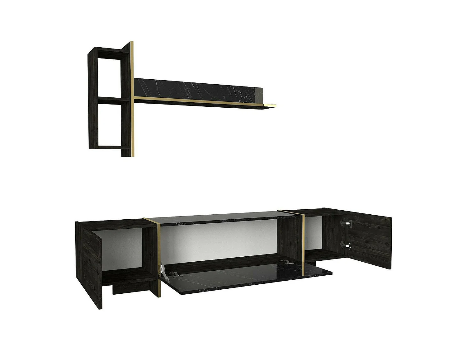 Meuble TV Neptura, Buffet de salon, Armoire basse pour TV, Base murale de rangement, 180x32h45 cm, Noir et Or