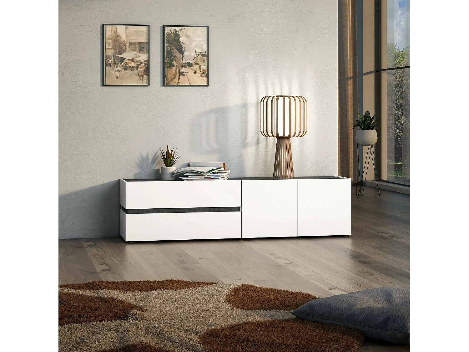 Dmora - Mobile porta TV Basico, 180x47h43 cm, Bianco lucido e Antracite