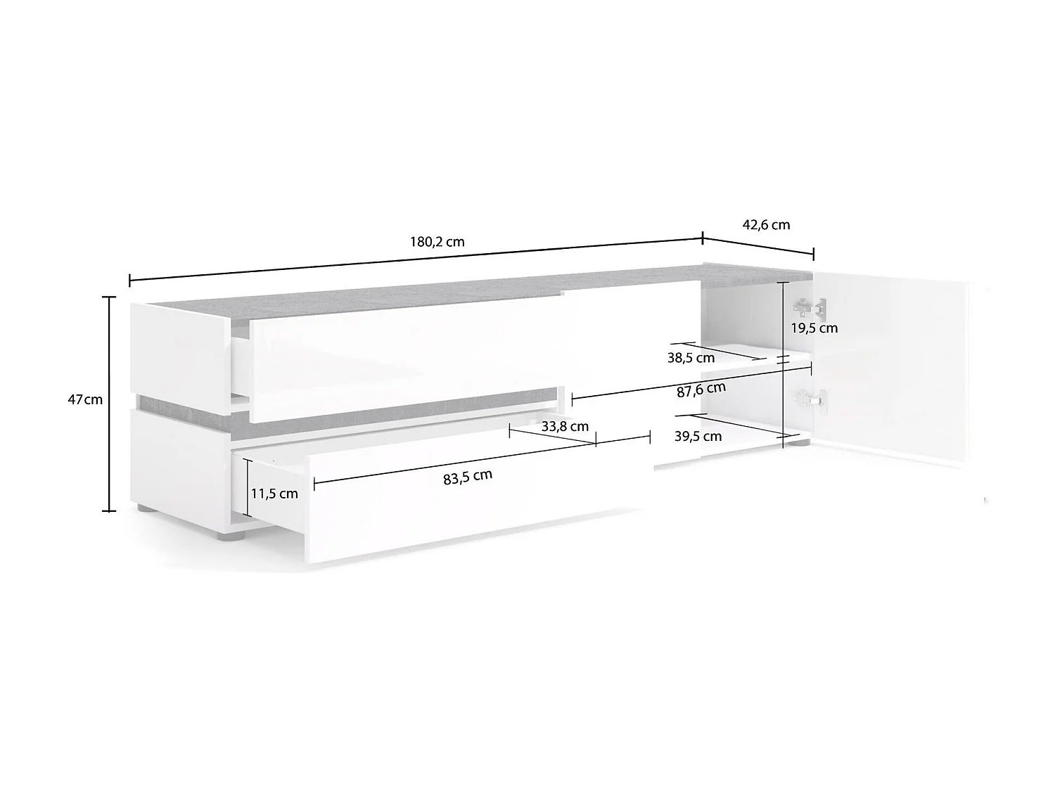 Dmora - Mobile porta TV Basico, 180x47h43 cm, Bianco lucido e Antracite