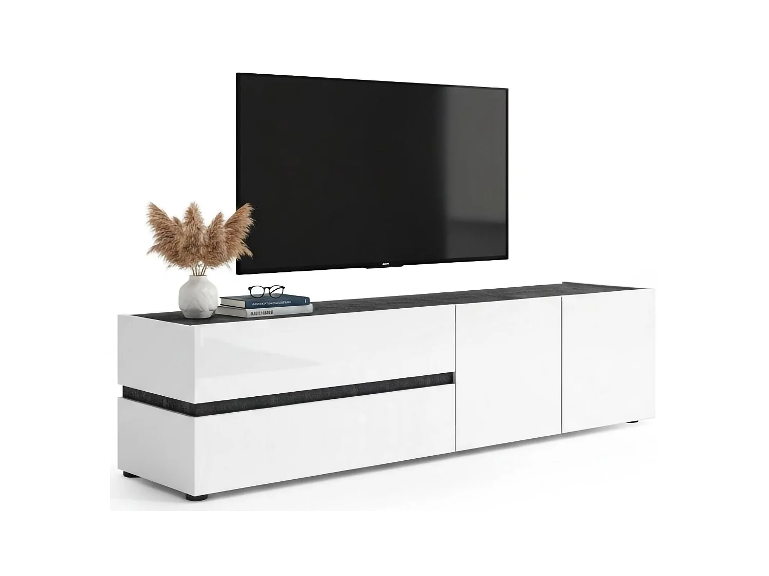 Meuble TV basique, 2 tiroirs, fabriqué en Italie, 180x47x43h cm, blanc brillant, une étagère, ouverture à battant