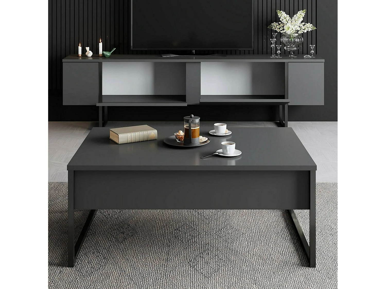 Meuble TV Centaurus, Buffet de salon, Armoire basse pour TV, Base murale de rangement, 180x30h50 cm, Anthracite et Noir