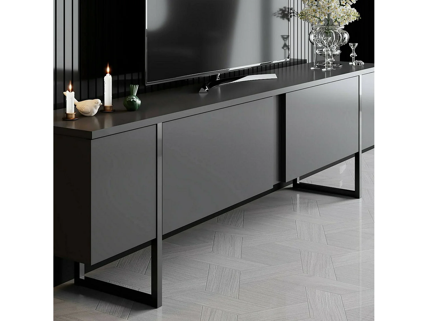 Fernsehschrank Dgridell, Ständer für Wohnzimmerfernseher, Niedriges Wohnzimmer-Sideboard, TV-Ständerbasis, 180x30h50 cm, Anthrazit und Schwarz