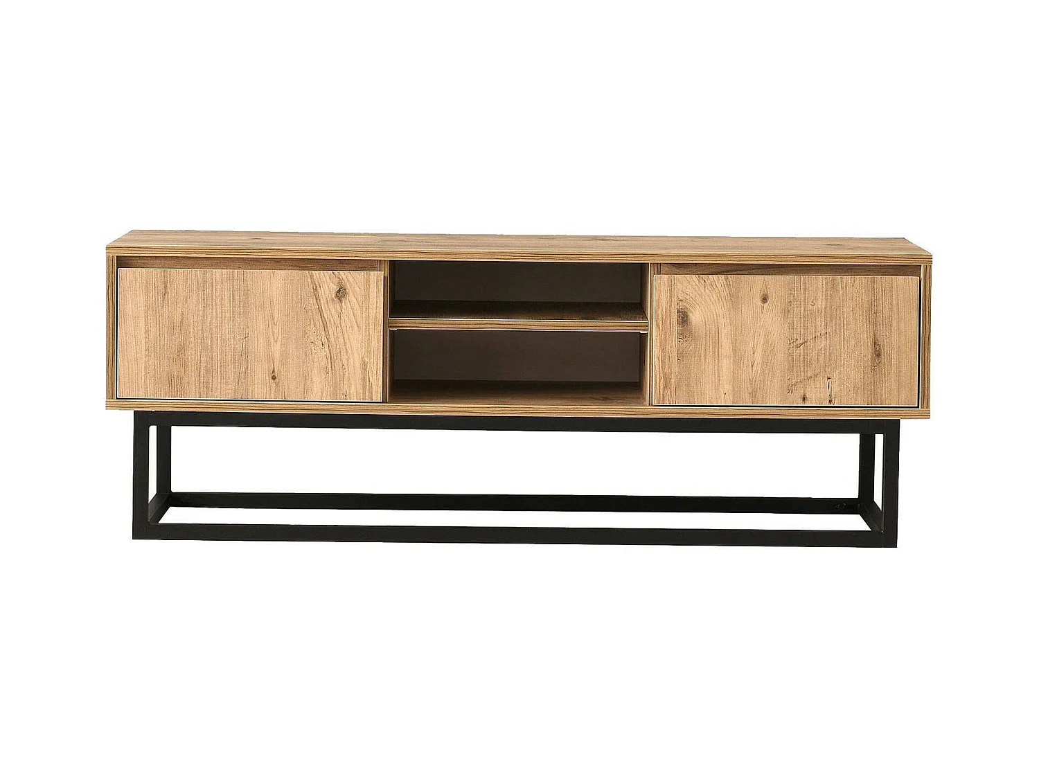 Meuble TV Themis, Buffet de salon, Armoire basse pour TV, Base murale de rangement, 180x40h50 cm, Noir et Chêne
