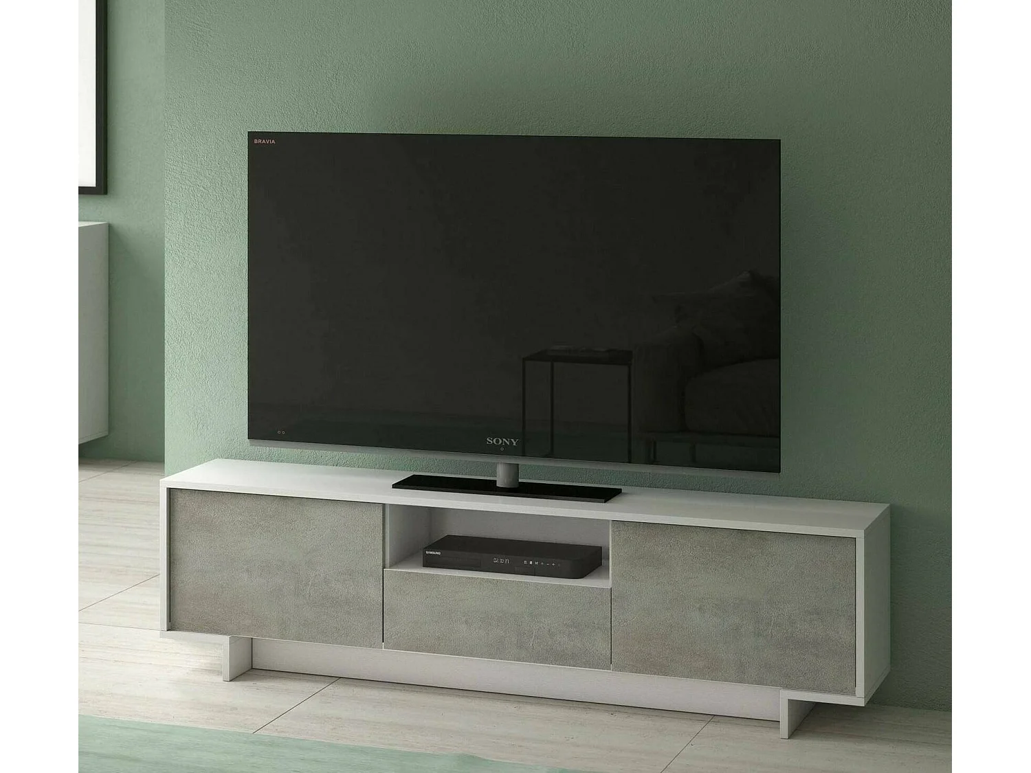 Meuble TV Andromeda, Meuble TV pour salon, Buffet bas de salon avec 2 portes et 1 tiroir, 100% Made in Italy, 170x42h48 cm, Blanc et Ciment