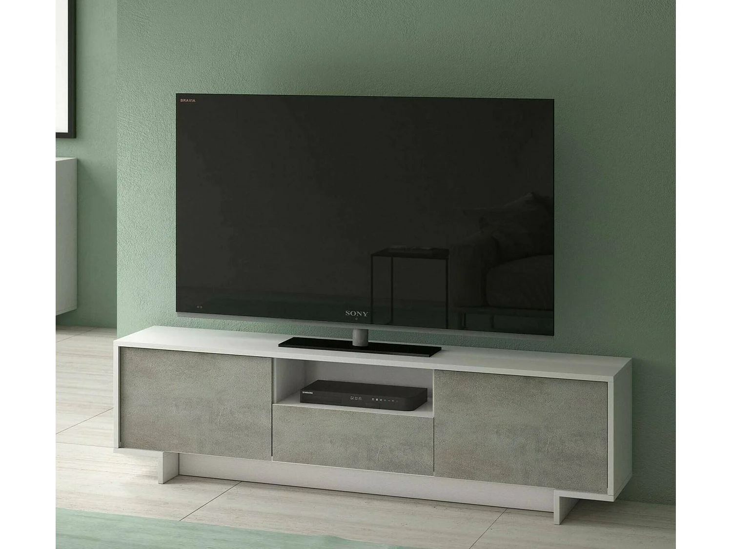 Meuble TV Andromeda, Meuble TV pour salon, Buffet bas de salon avec 2 portes et 1 tiroir, 100% Made in Italy, 170x42h48 cm, Blanc et Ciment