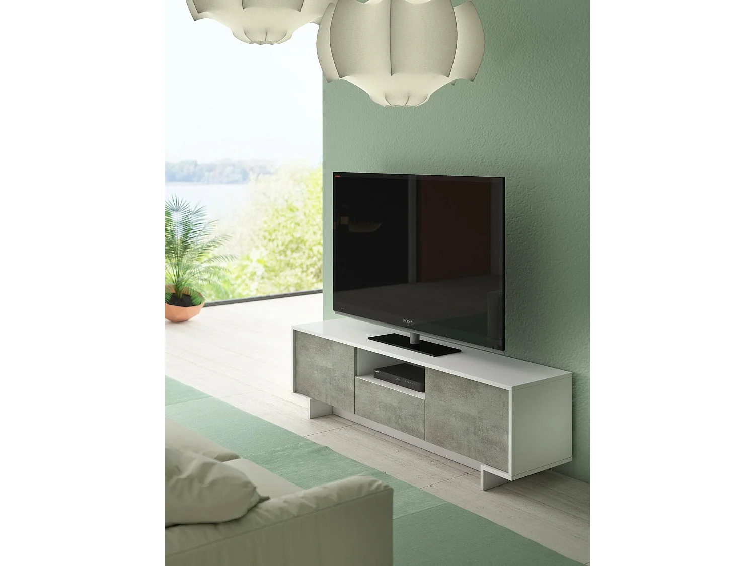 Suporte de TV Darrighin, Suporte para TV de ala de etar, Aparador baixo para ala de etar com 2 porta e 1 gaveta, 100% Made in Italy, 170x42h48 cm, Branco e Concreto