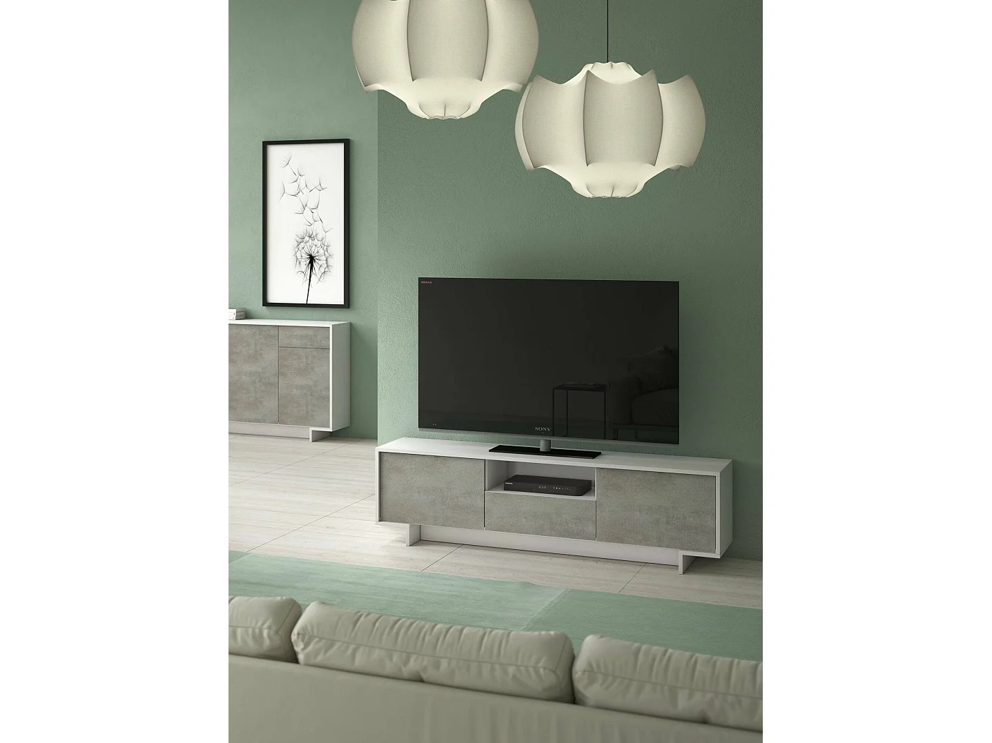 Suporte de TV Darrighin, Suporte para TV de ala de etar, Aparador baixo para ala de etar com 2 porta e 1 gaveta, 100% Made in Italy, 170x42h48 cm, Branco e Concreto