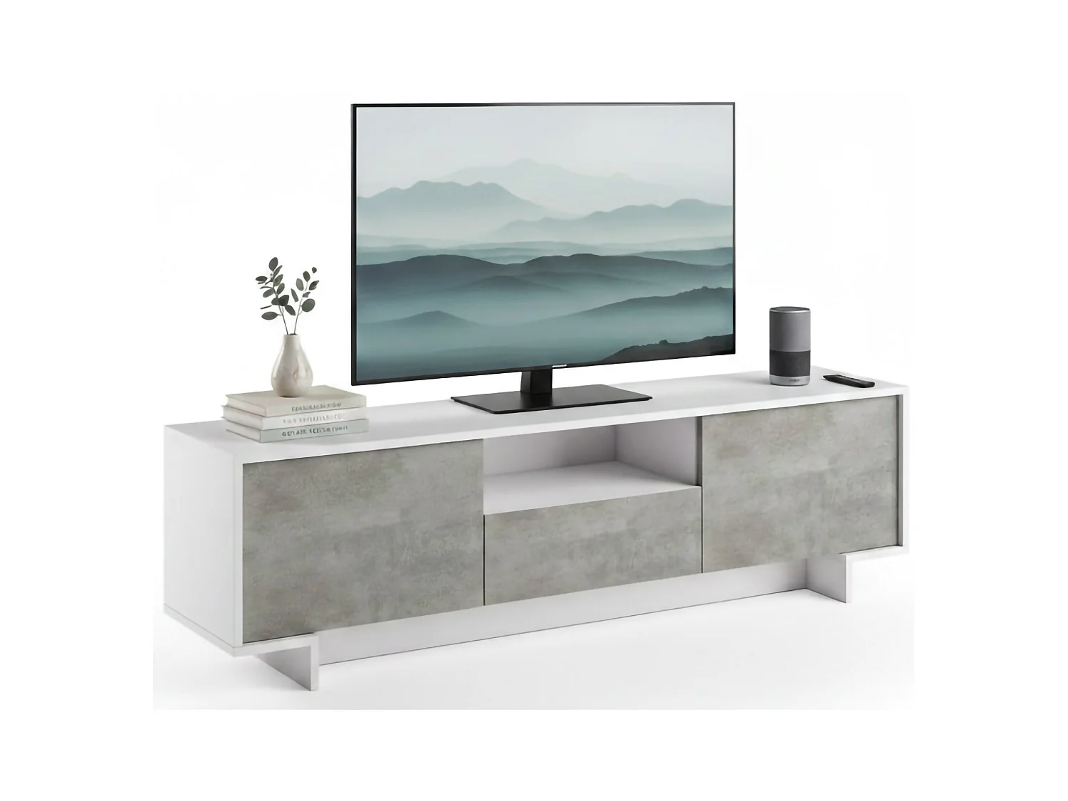 Suporte de TV Darrighin, Suporte para TV de ala de etar, Aparador baixo para ala de etar com 2 porta e 1 gaveta, 100% Made in Italy, 170x42h48 cm, Branco e Concreto