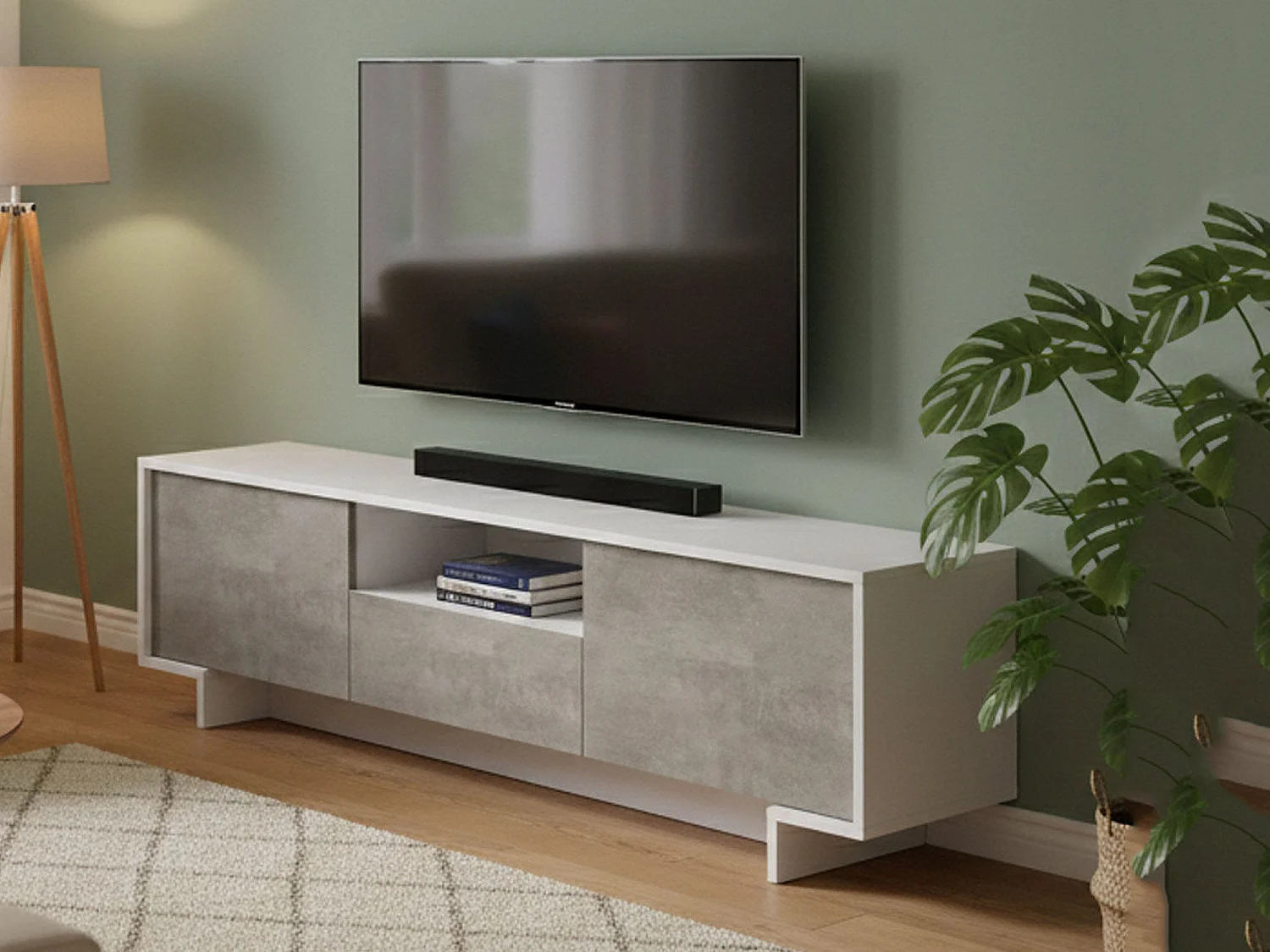Suporte de TV Darrighin, Suporte para TV de ala de etar, Aparador baixo para ala de etar com 2 porta e 1 gaveta, 100% Made in Italy, 170x42h48 cm, Branco e Concreto