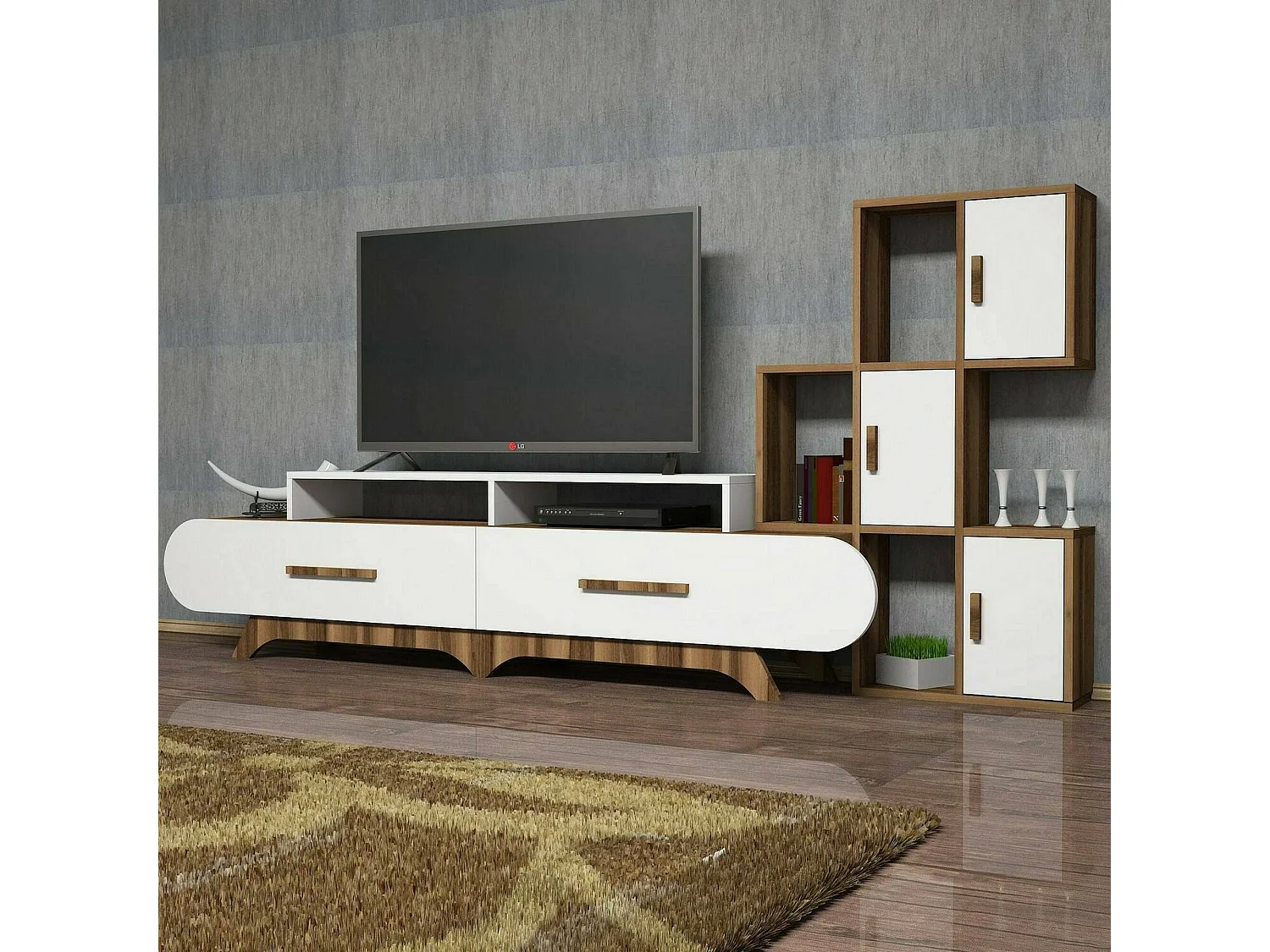 Wandgerust Dporchi, Woonkamersamenstelling, Multifunctionele woonkamerkast, TV kast, 205x37h50 cm, Walnoot en Wit