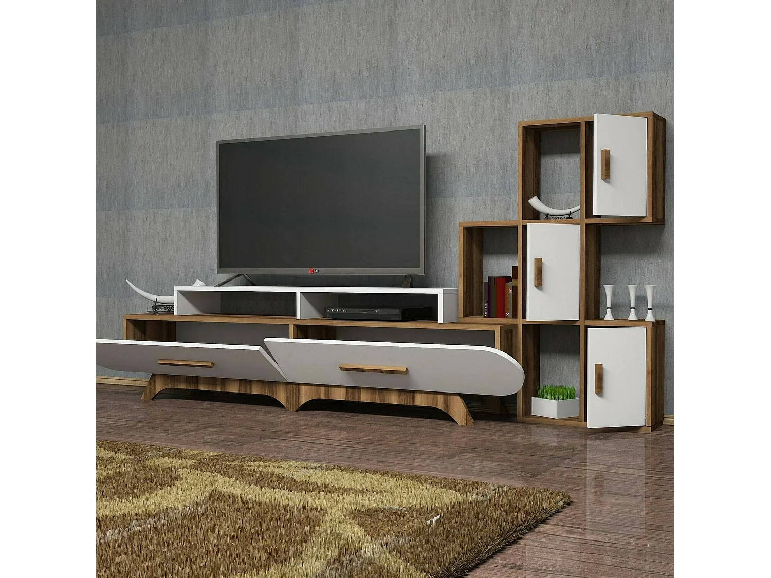 Meuble Mural Zephyria, Composition du salon, Meubles de salon polyvalents, Meuble télé, 205x37h50 cm, Noyer et Blanc