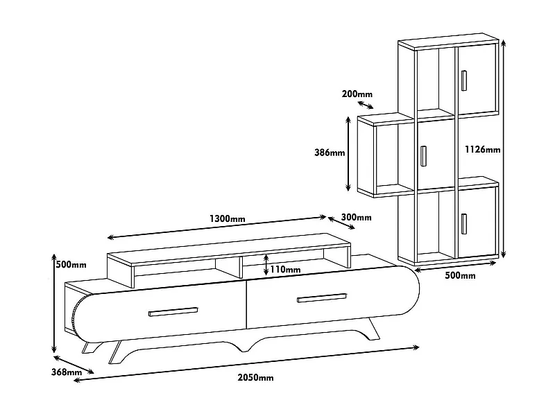 Wandgerust Dporchi, Woonkamersamenstelling, Multifunctionele woonkamerkast, TV kast, 205x37h50 cm, Walnoot en Wit