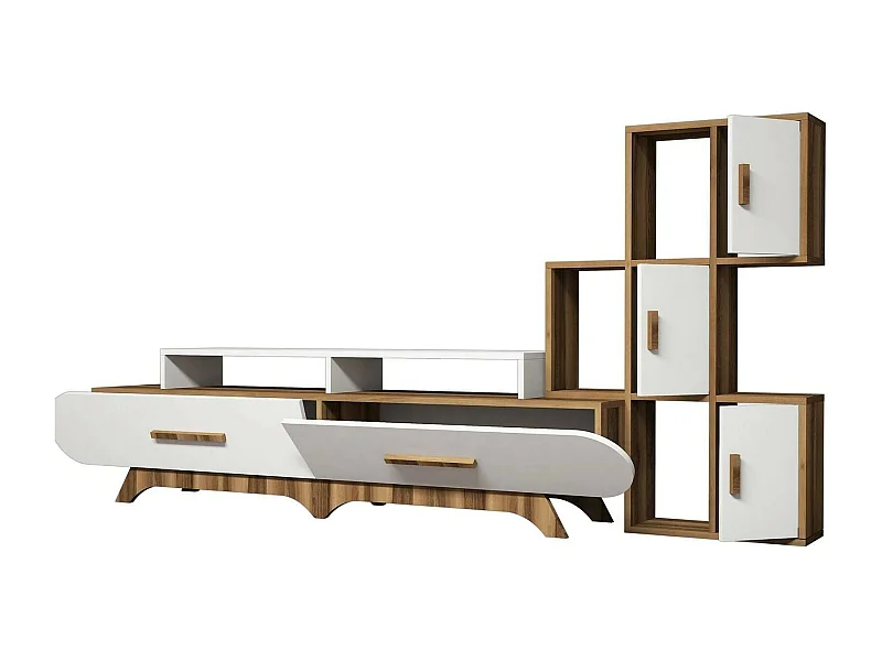 Parede equipada Dporchi, Composição da sala de estar, Armário de sala multiusos, Armário de TV, 205x37h50 cm, Nogueira e Branco