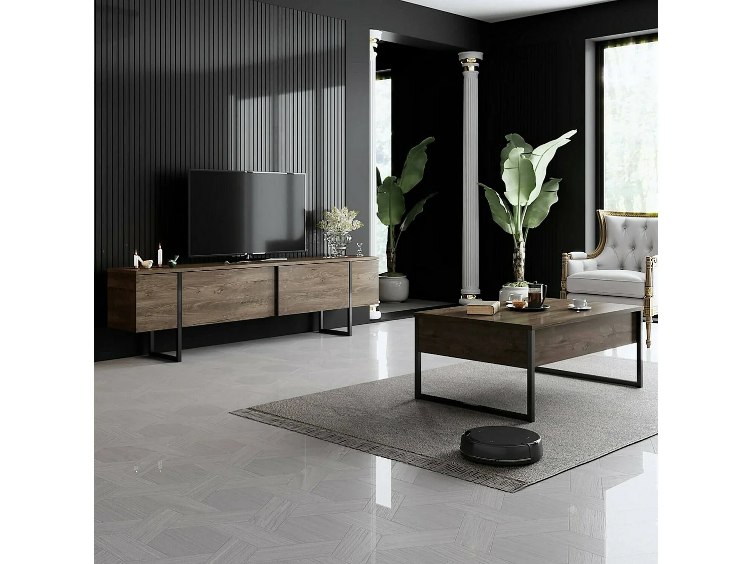 Fernsehschrank Dgridell, Ständer für Wohnzimmerfernseher, Niedriges Wohnzimmer-Sideboard, TV-Ständerbasis, 180x30h50 cm, Walnuss und Schwarz