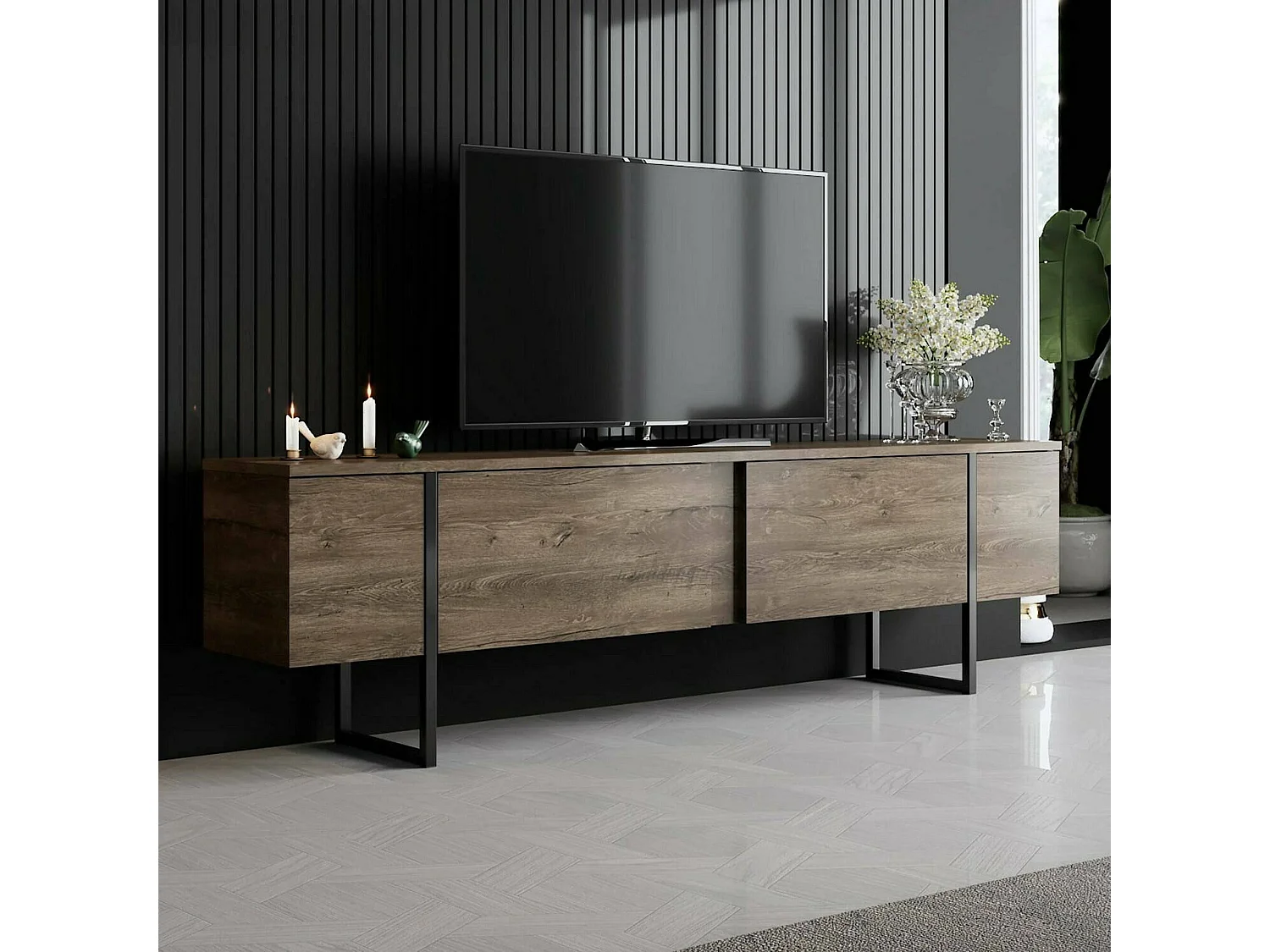 Meuble TV Centaurus, Buffet de salon, Armoire basse pour TV, Base murale de rangement, 180x30h50 cm, Noyer et Noir