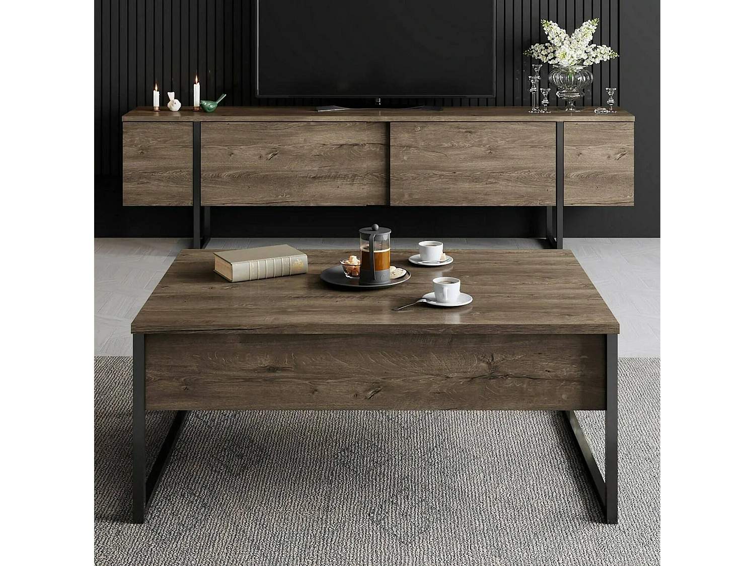 Meuble TV Centaurus, Buffet de salon, Armoire basse pour TV, Base murale de rangement, 180x30h50 cm, Noyer et Noir