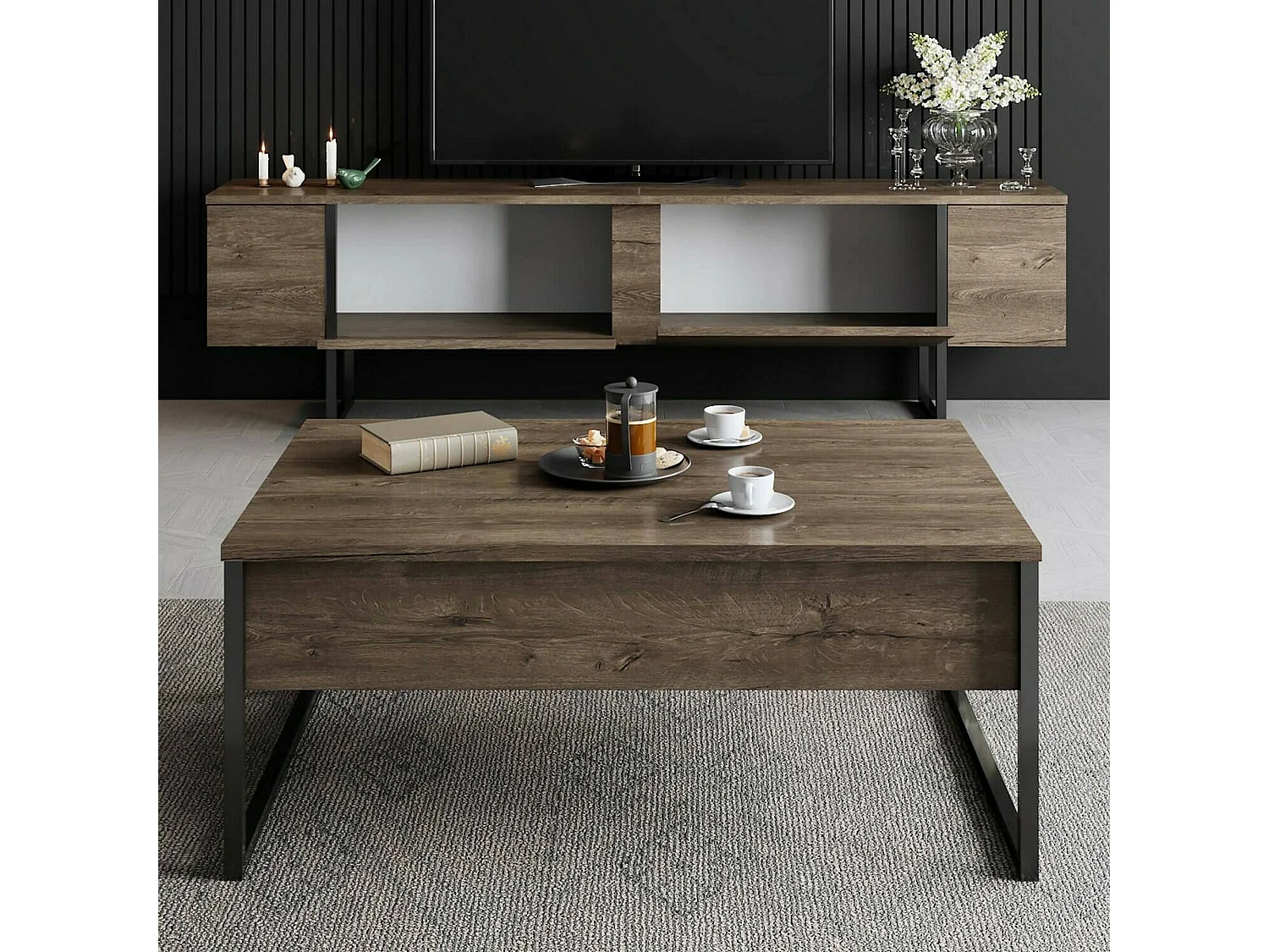 Fernsehschrank Dgridell, Ständer für Wohnzimmerfernseher, Niedriges Wohnzimmer-Sideboard, TV-Ständerbasis, 180x30h50 cm, Walnuss und Schwarz