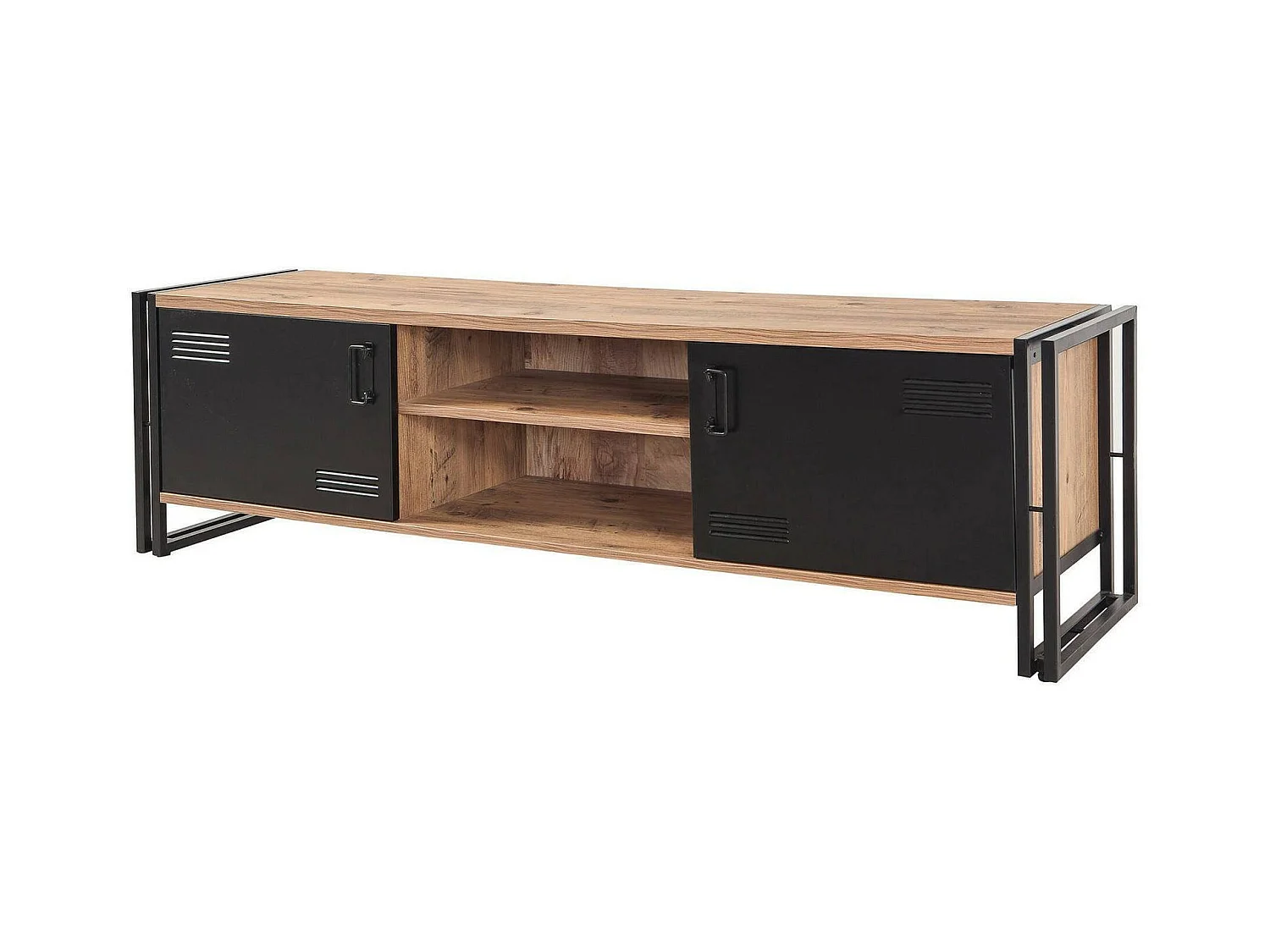 Meuble TV Polaris, Buffet de salon, Armoire basse pour TV, Base murale de rangement, 180x45h50 cm, Chêne et Noir