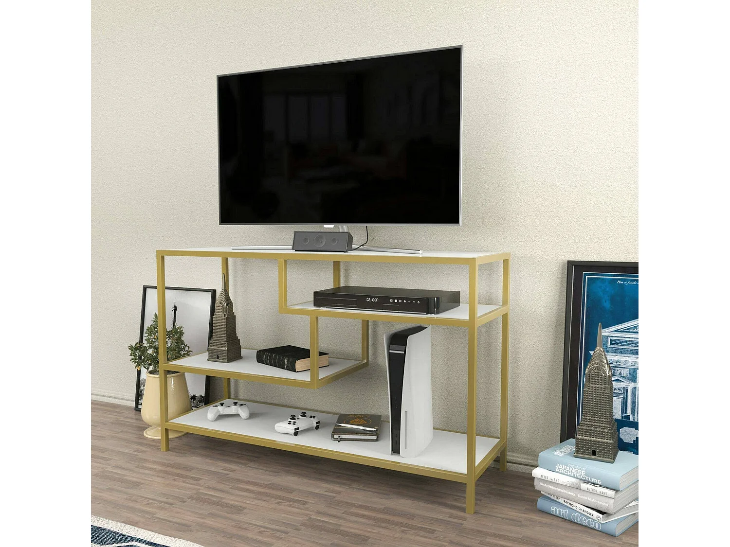 Meuble TV Vega, Buffet de salon, Armoire basse pour TV, Base murale de rangement, 120x39h75 cm, Or et Blanc