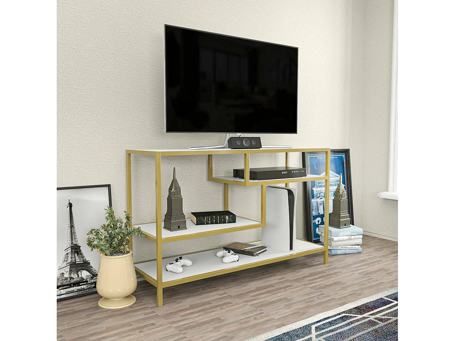 Meuble TV Vega, Buffet de salon, Armoire basse pour TV, Base murale de rangement, 120x39h75 cm, Or et Blanc
