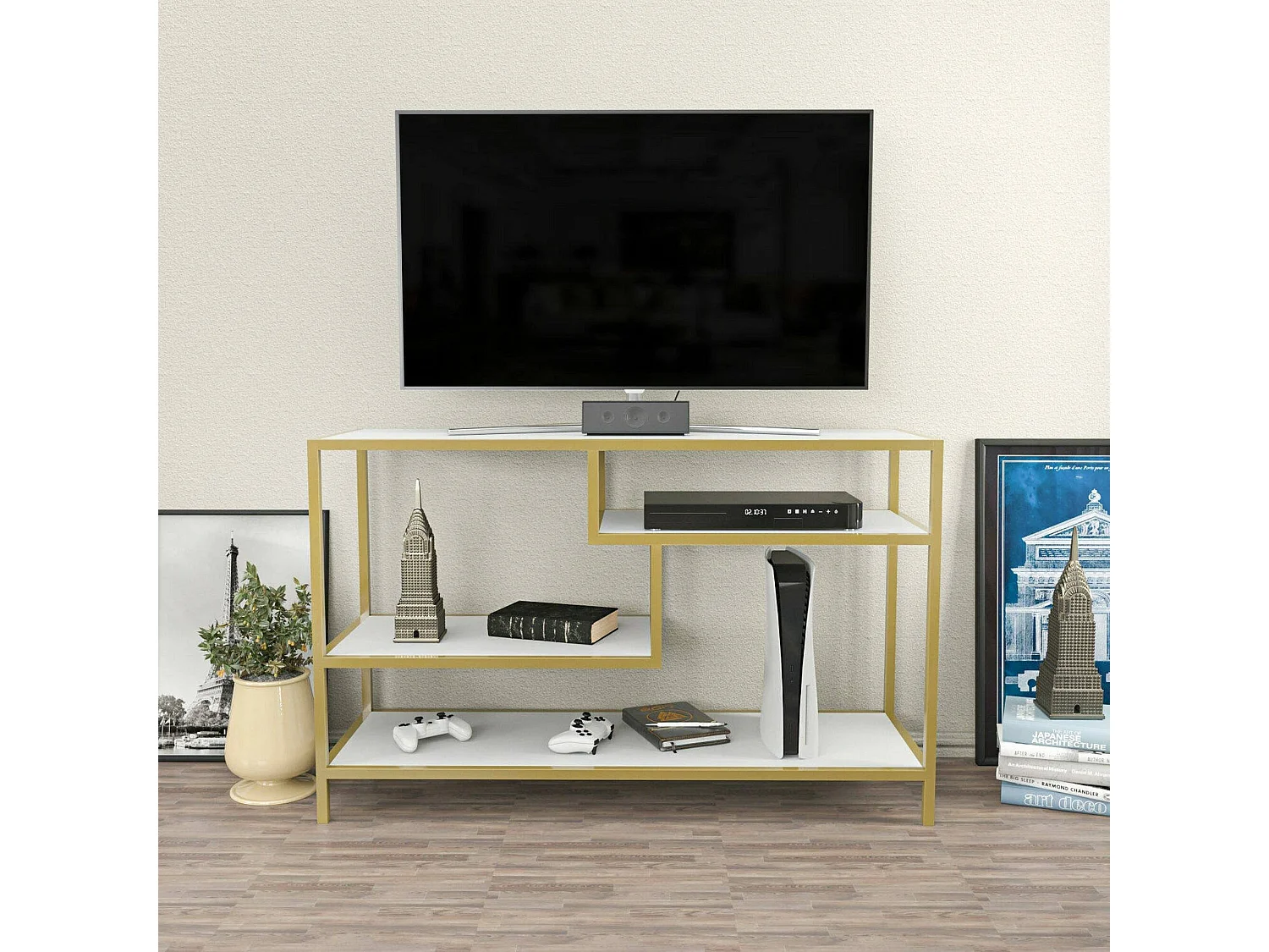 Meuble TV Vega, Buffet de salon, Armoire basse pour TV, Base murale de rangement, 120x39h75 cm, Or et Blanc