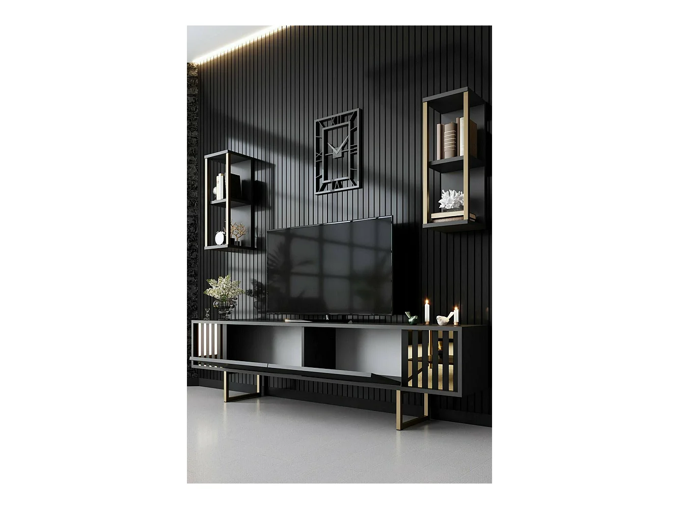 Fernsehschrank Dliveran, Ständer für Wohnzimmerfernseher, Niedriges Wohnzimmer-Sideboard, TV-Ständerbasis, 180x30h48 cm, Anthrazit und Schwarz