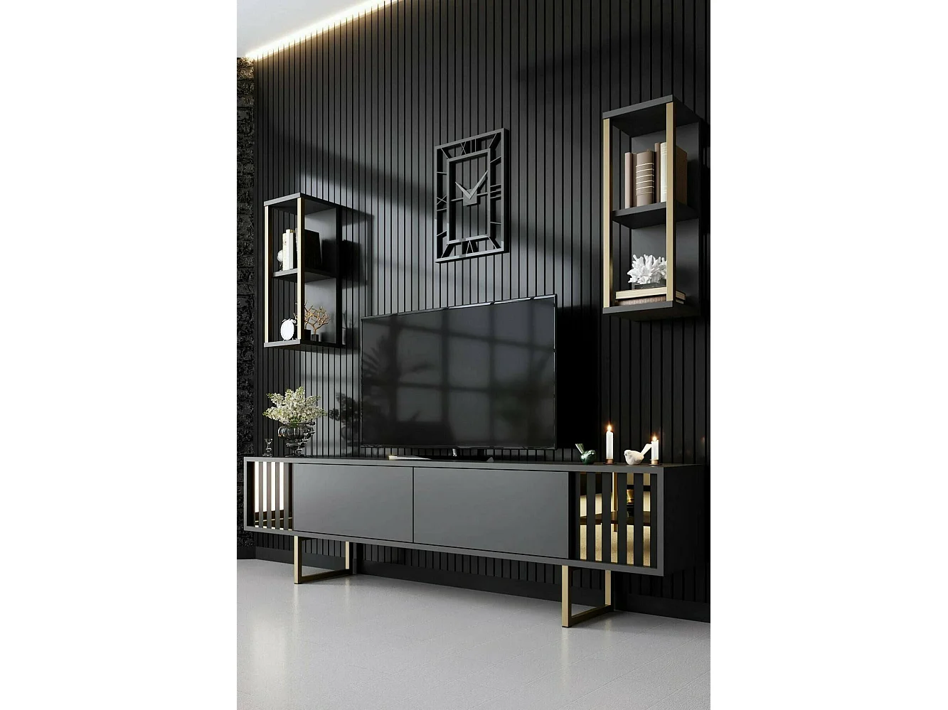 Meuble TV Eunomia, Buffet de salon, Armoire basse pour TV, Base murale de rangement, 180x30h48 cm, Anthracite et Noir