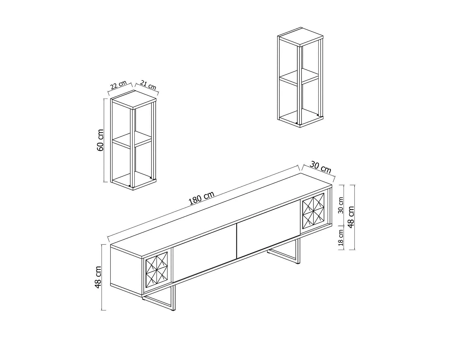 Fernsehschrank Dliveran, Ständer für Wohnzimmerfernseher, Niedriges Wohnzimmer-Sideboard, TV-Ständerbasis, 180x30h48 cm, Anthrazit und Schwarz