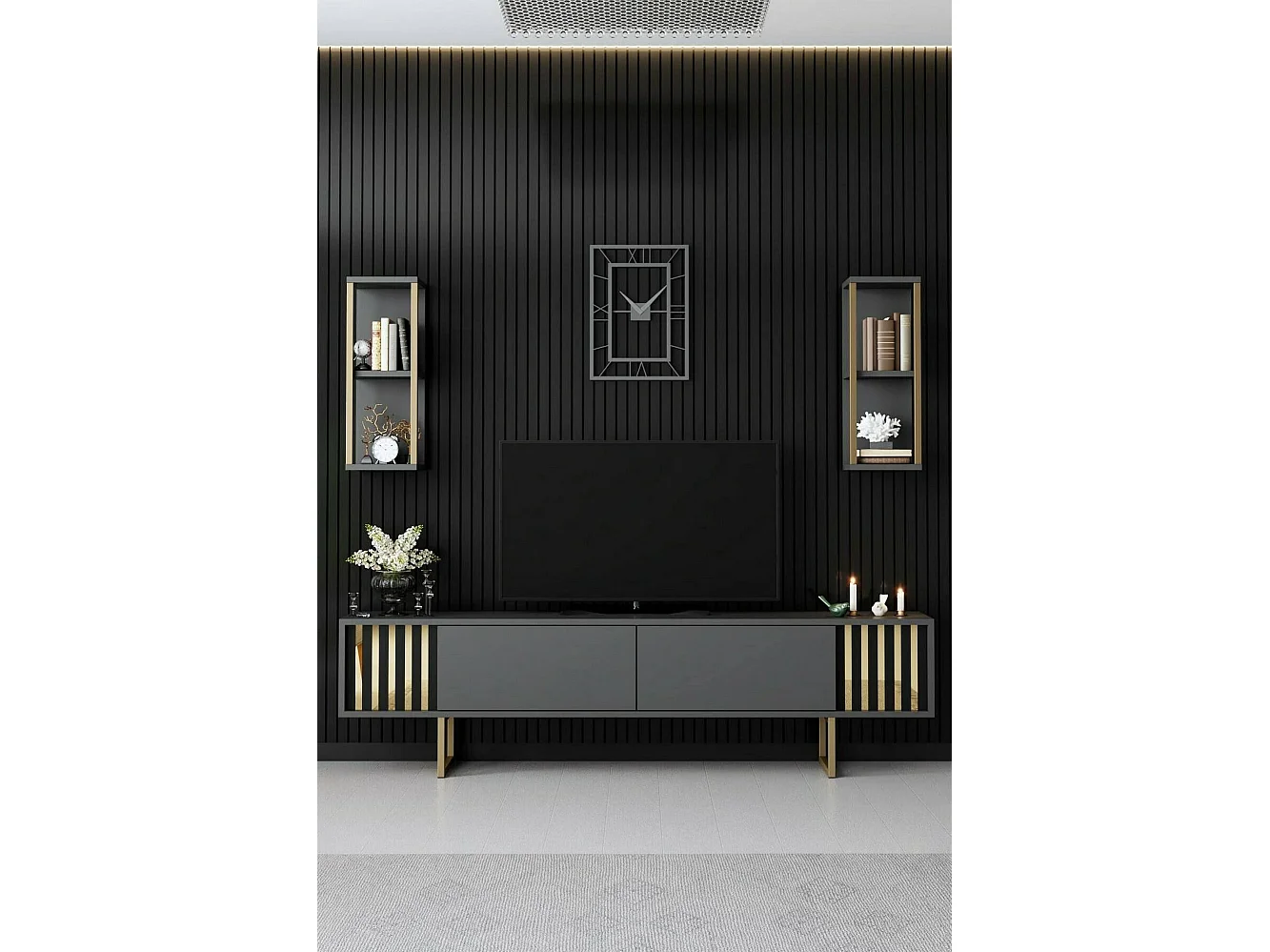 Fernsehschrank Dliveran, Ständer für Wohnzimmerfernseher, Niedriges Wohnzimmer-Sideboard, TV-Ständerbasis, 180x30h48 cm, Anthrazit und Schwarz