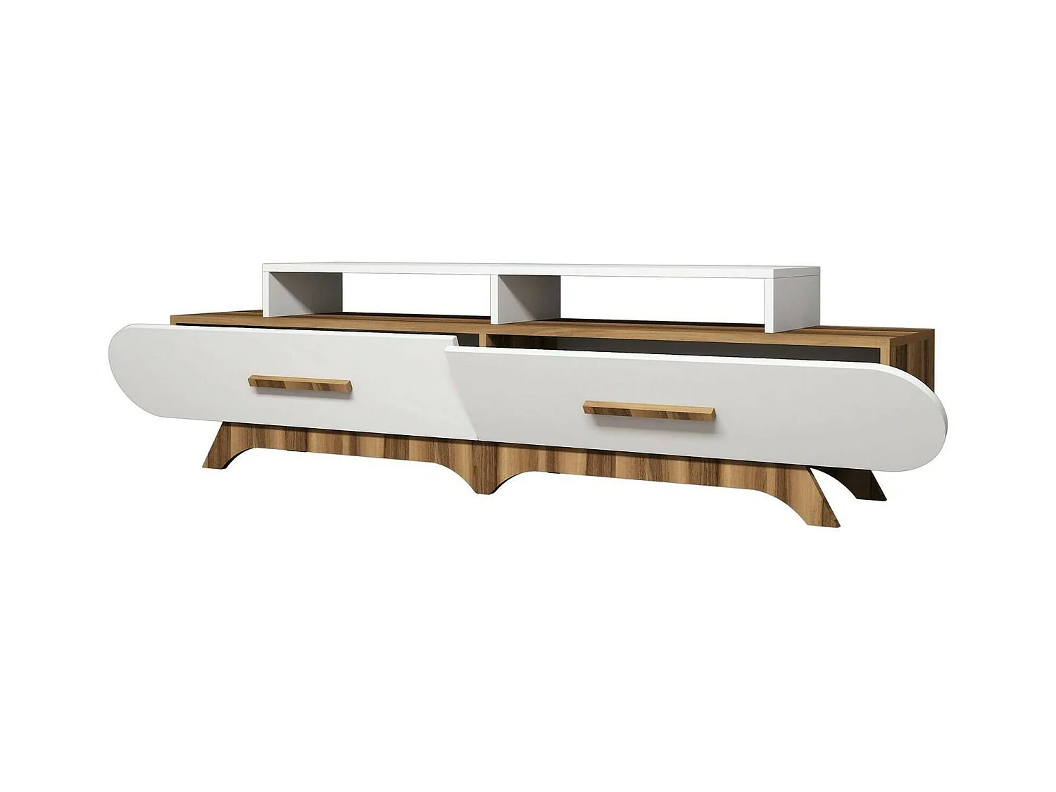 Meuble TV Phec, Buffet de salon, Armoire basse pour TV, Base murale de rangement, 205x37h50 cm, Noyer et Blanc