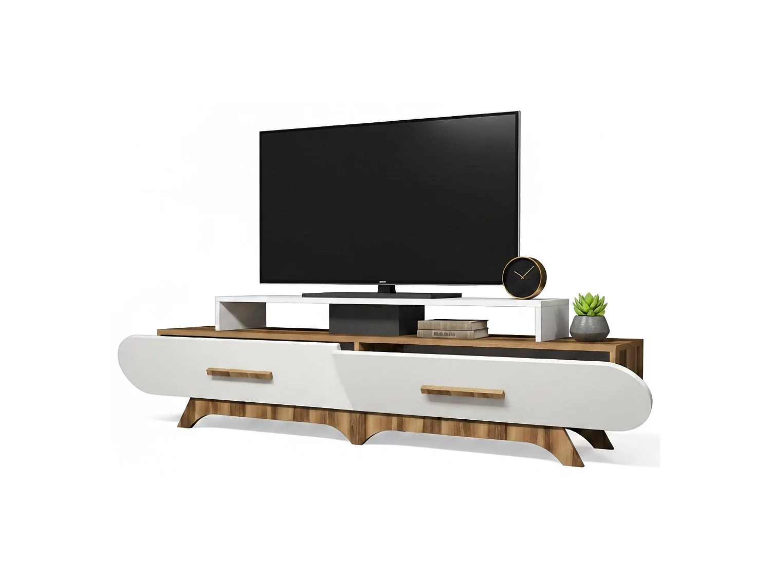 Meuble TV Phec, Buffet de salon, Armoire basse pour TV, Base murale de rangement, 205x37h50 cm, Noyer et Blanc