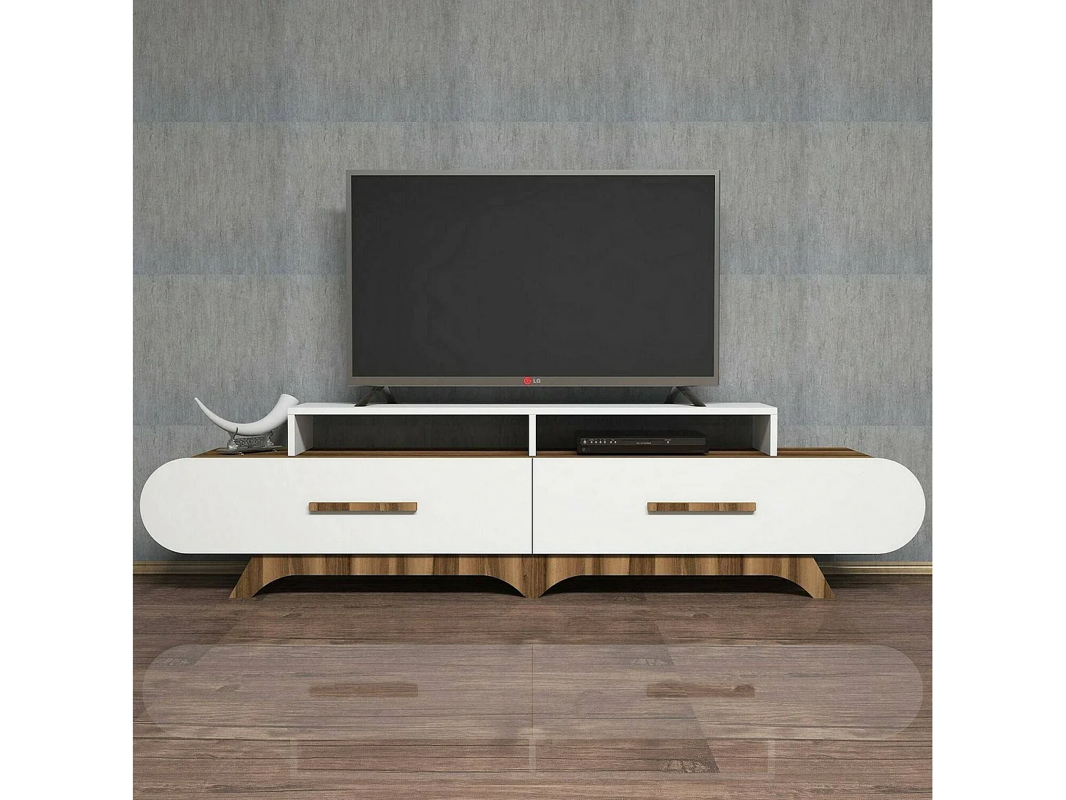 Meuble TV Phec, Buffet de salon, Armoire basse pour TV, Base murale de rangement, 205x37h50 cm, Noyer et Blanc