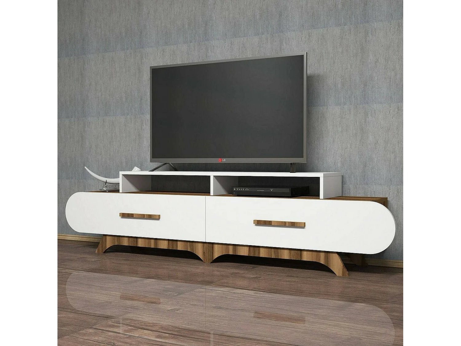 Meuble TV Phec, Buffet de salon, Armoire basse pour TV, Base murale de rangement, 205x37h50 cm, Noyer et Blanc