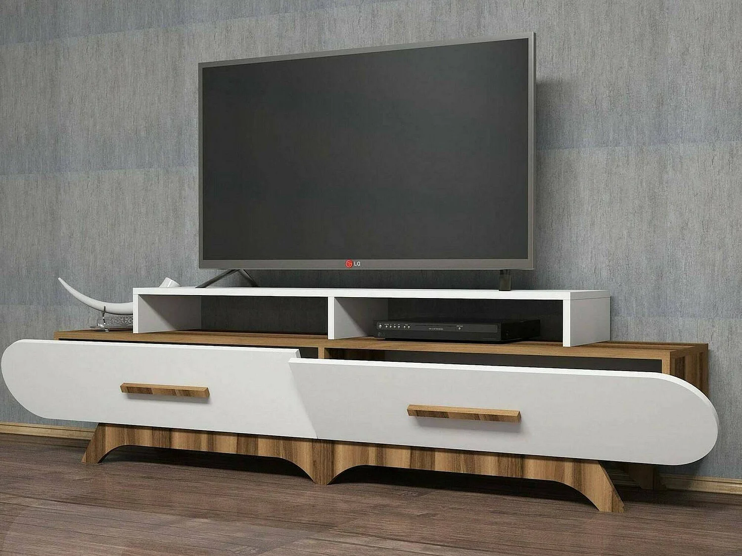 Meuble TV Phec, Buffet de salon, Armoire basse pour TV, Base murale de rangement, 205x37h50 cm, Noyer et Blanc