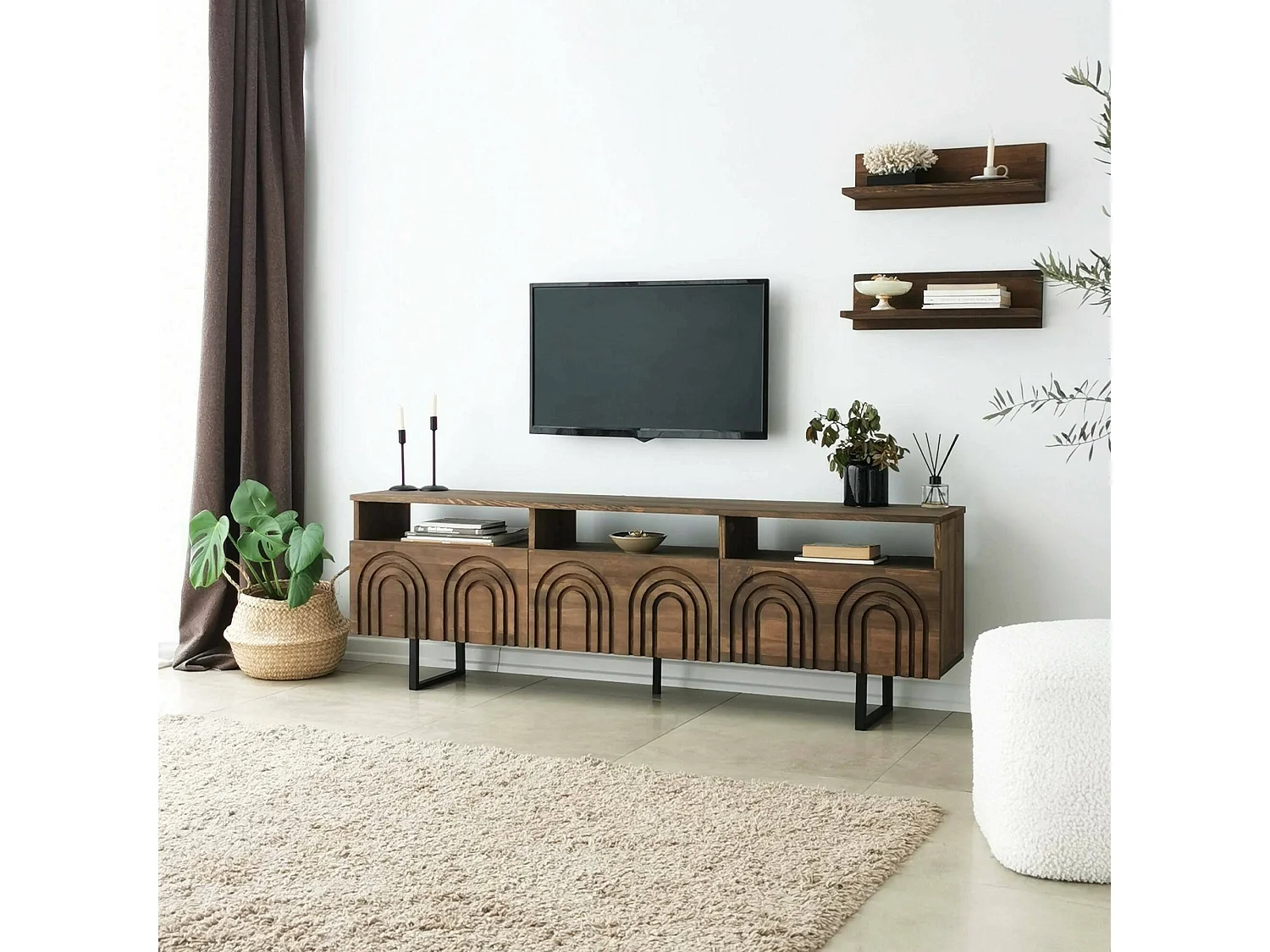 Meuble TV Arctura, Buffet de salon, Armoire basse pour TV, Base murale de rangement, 170x30h40 cm, Noyer