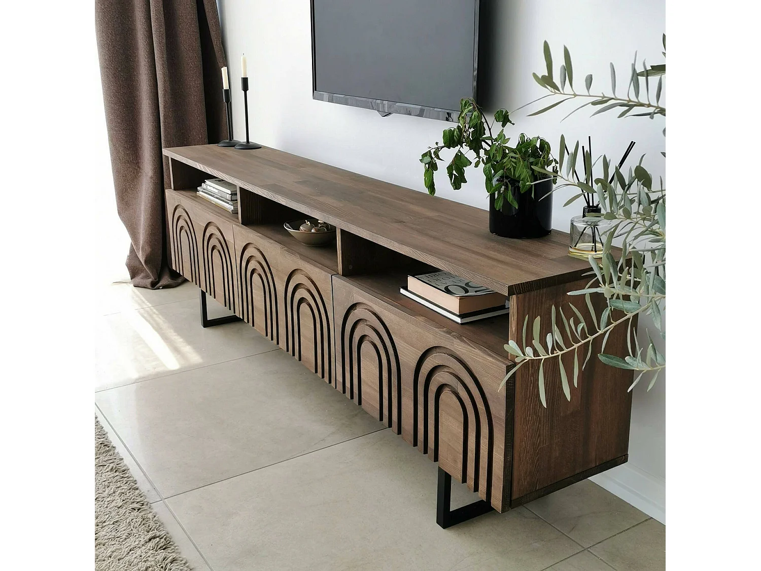 Dflabore tv-meubel, CrWoonkamergebouw, Lage kledingkast voor tv, Uitgeruste wandvoet, 170x30h40 cm, Walnoot