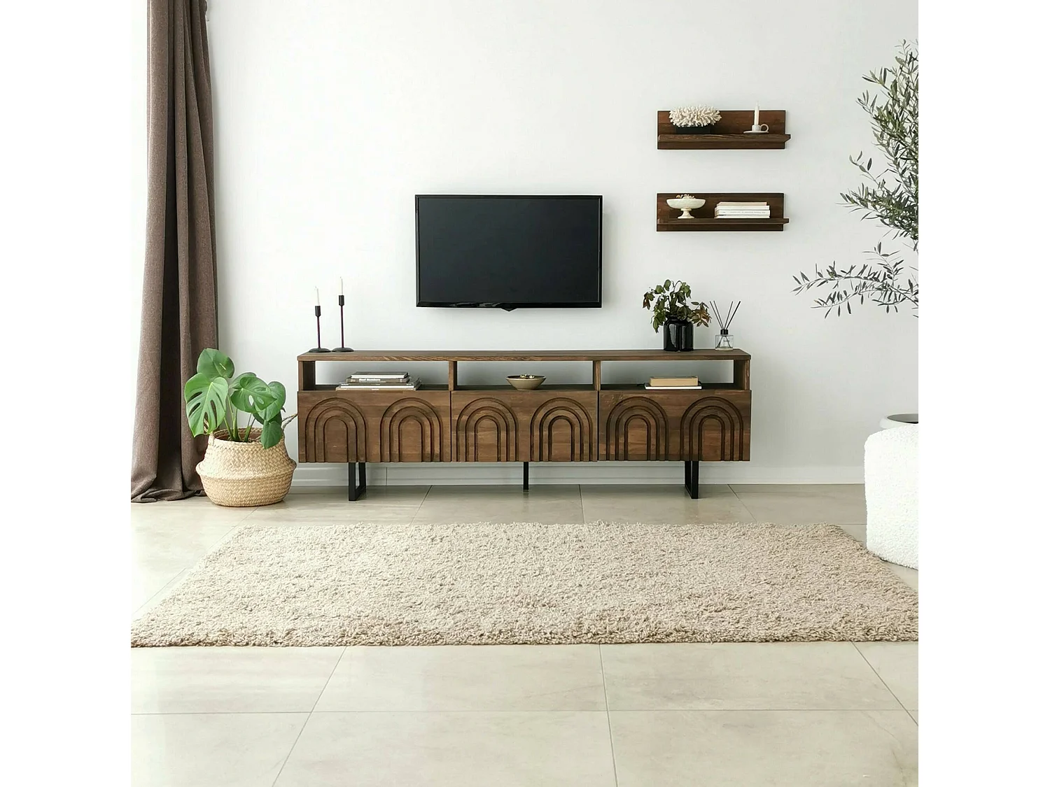 Dflabore tv-meubel, CrWoonkamergebouw, Lage kledingkast voor tv, Uitgeruste wandvoet, 170x30h40 cm, Walnoot