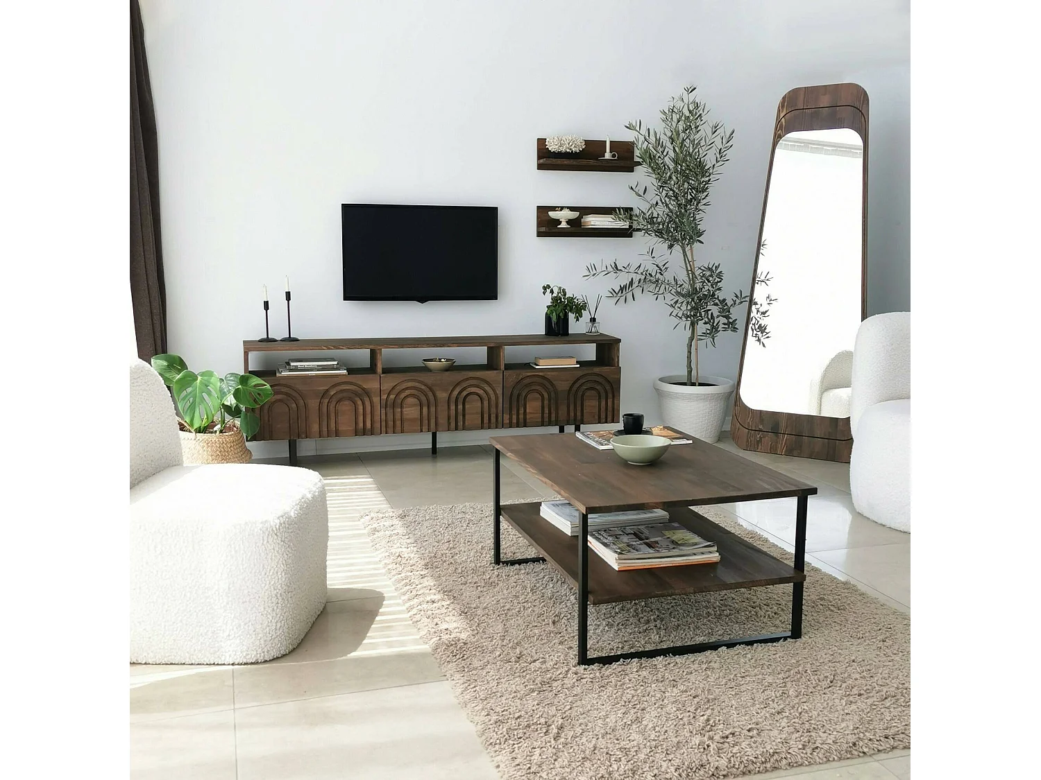 Dflabore tv-meubel, CrWoonkamergebouw, Lage kledingkast voor tv, Uitgeruste wandvoet, 170x30h40 cm, Walnoot